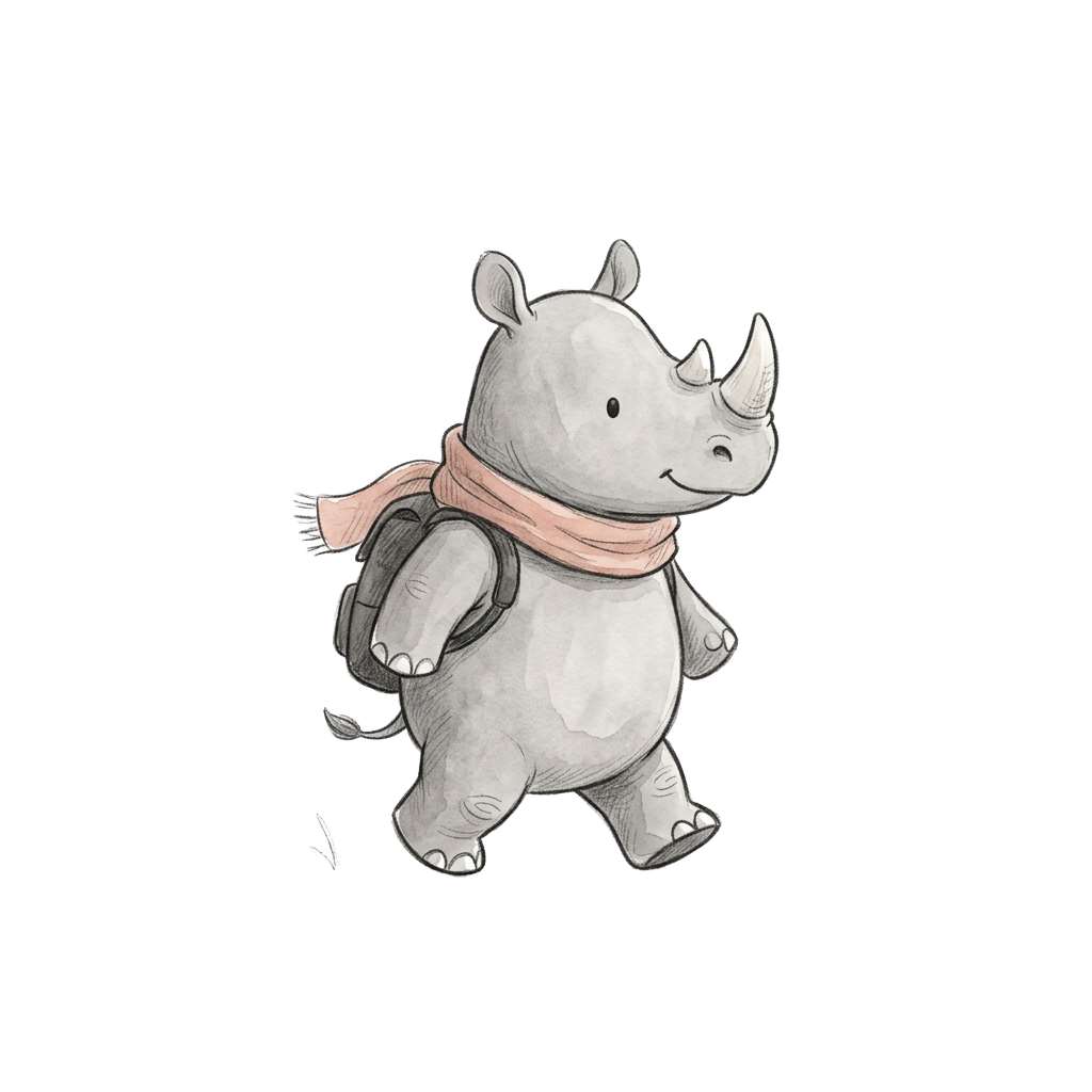 A small rhino strolling in a pink scarf and backpack.