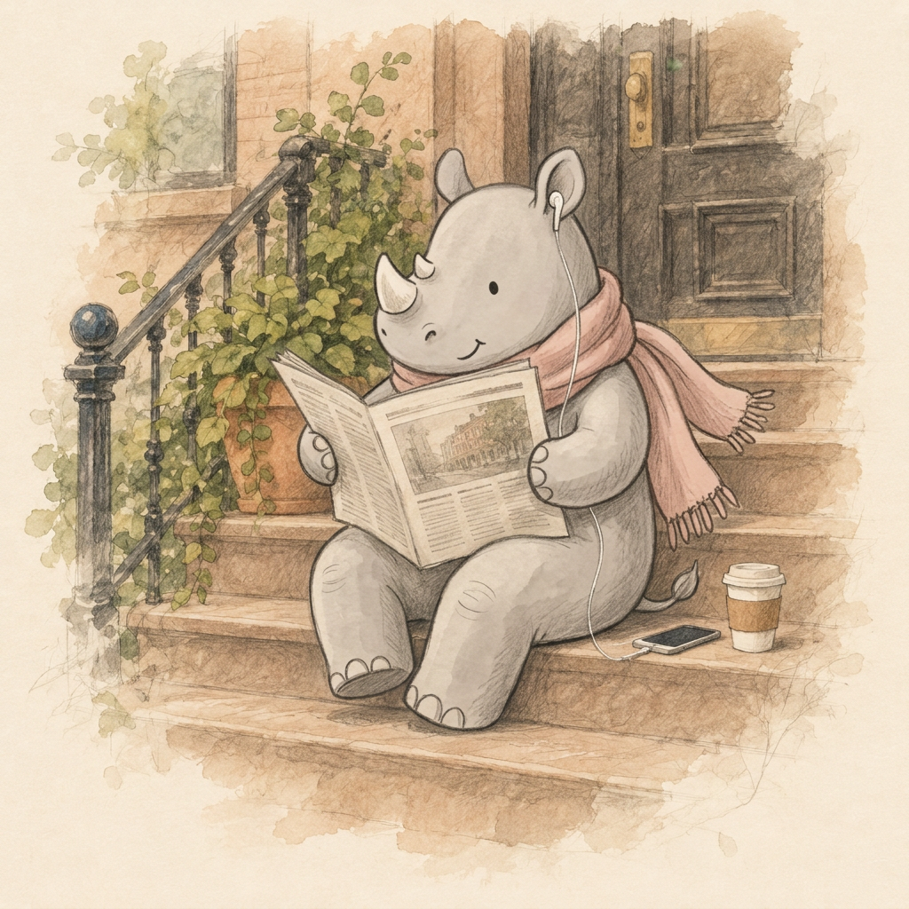 A hand-drawn pink-scarfed rhino reading a newspaper on New York brownstone door steps, with a phone and coffee beside it.